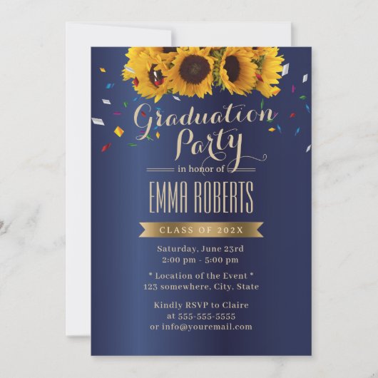 Invitation Sunflower Royal Blue Confetti Graduation Party (Devant)