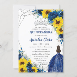 Invitation Sunflower Royal Blue Floral Princesse Quinceañera