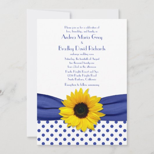 Invitation Sunflower Royal Blue White Polka Mariage (Devant)