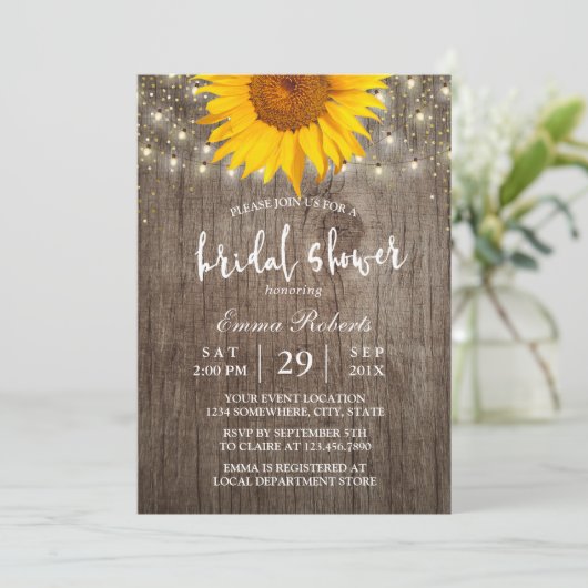 Invitation Sunflower Rustic Bois String Fête des mariées (Debout devant)
