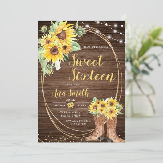 Invitation Sunflower Rustic String Light Anniversaire (Debout devant)