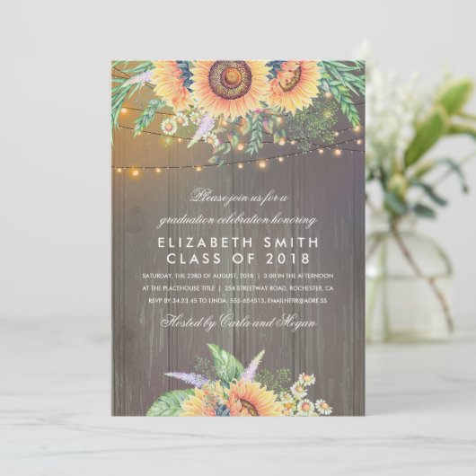 Invitation Sunflower Rustic String Lights Graduation Party (Debout devant)