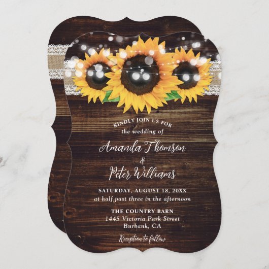 Invitation Sunflower Rustic Wood String Mariage (Devant / Derrière)