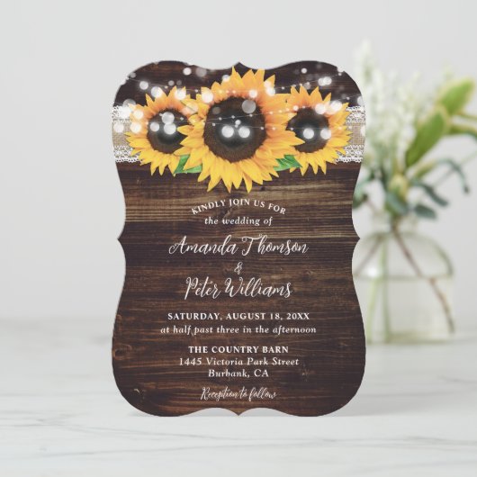 Invitation Sunflower Rustic Wood String Mariage (Debout devant)