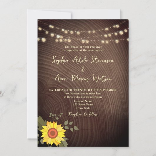 Invitation Sunflower Rustic Wood String Mariage (Devant)