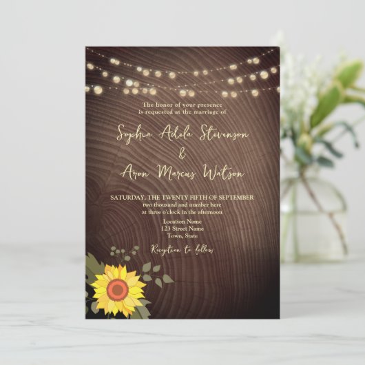 Invitation Sunflower Rustic Wood String Mariage (Debout devant)