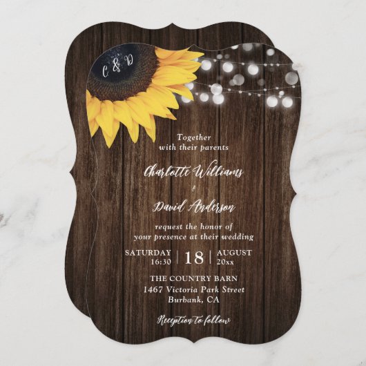 Invitation Sunflower Rustic Wood String Mariage (Devant / Derrière)
