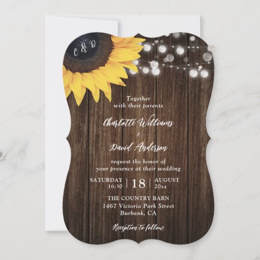 Invitation Sunflower Rustic Wood String Mariage (Devant)