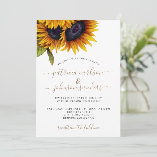 Invitation Sunflower rustique élégant script or mariage (Debout devant)