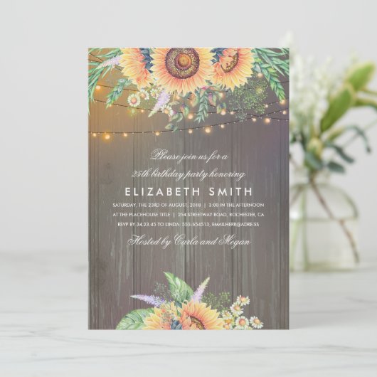 Invitation Sunflower Rustique String Lights Bois fête d'anniv (Debout devant)