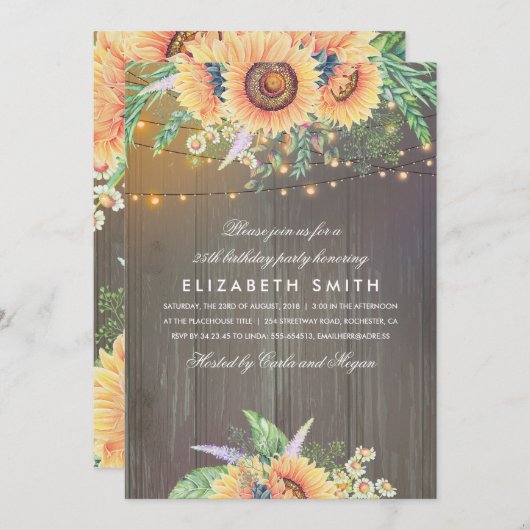 Invitation Sunflower Rustique String Lights Bois fête d'anniv (Devant / Derrière)