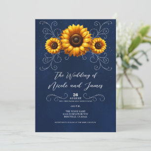 Invitation Sunflower Sparkle Blue Rustic Glam Mariage