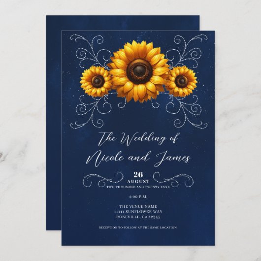 Invitation Sunflower Sparkle Blue Rustic Glam Mariage (Devant / Derrière)