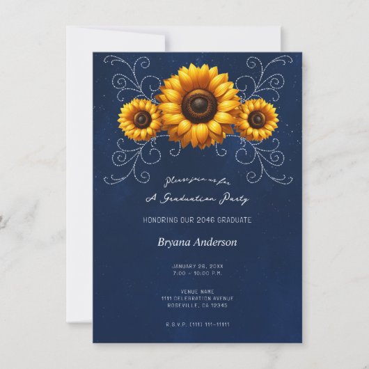 Invitation Sunflower Sparkle Blue Rustic Graduation Party (Devant)