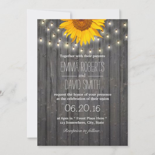 Invitation Sunflower & String Lights Barre Mariage en bois (Devant)
