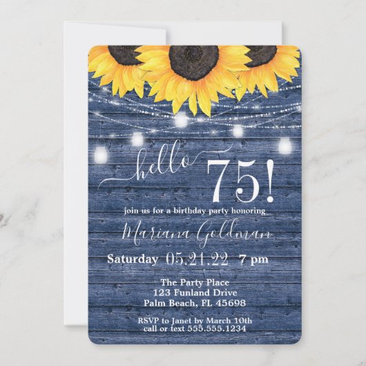 Invitation Sunflower String Lights bleu 75e fête d'anniversai (Devant)