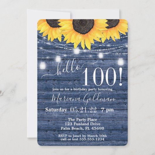 Invitation Sunflower String Lights Blue 100e fête d'anniversa (Devant)