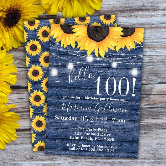Invitation Sunflower String Lights Blue 100e fête d'anniversa