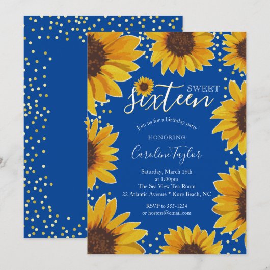 Invitation Sunflower Sweet 16 Anniversaire Navy Blue & Gold (Devant / Derrière)
