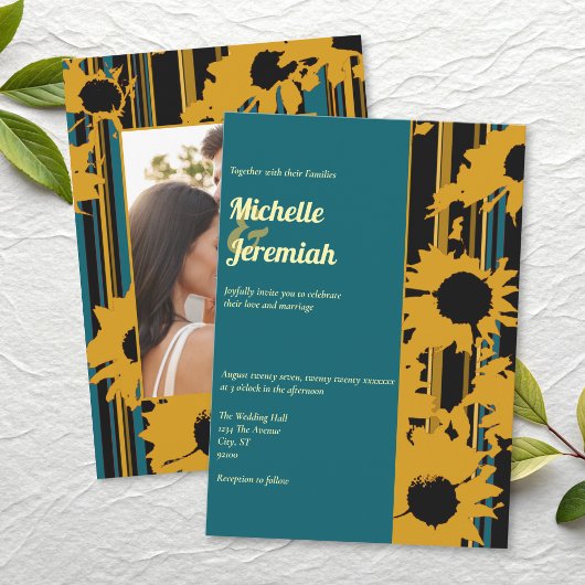 Invitation Sunflower Teal Blue Gold Modern Wedding