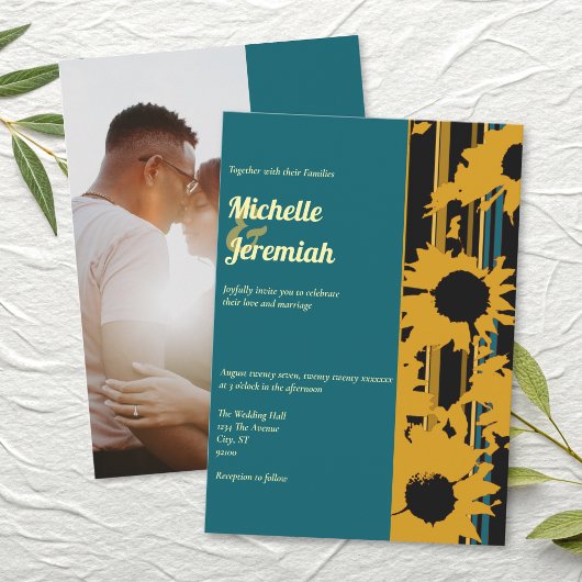 Invitation Sunflower Teal Blue Gold Modern Wedding Photo