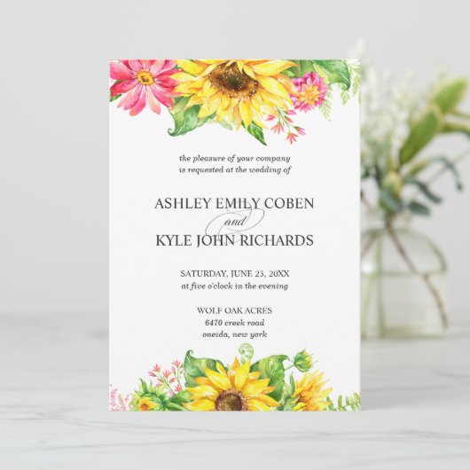 Invitation Sunflower Wedding Invite on light background (Debout devant)