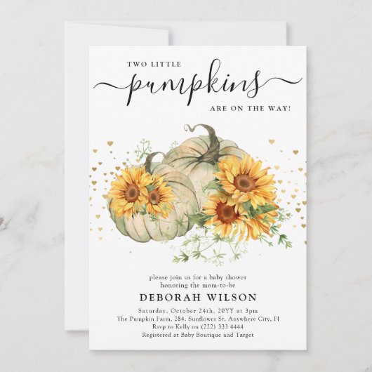 Invitation Sunflower White Citrouilles jumeaux Baby shower d' (Devant)