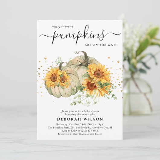 Invitation Sunflower White Citrouilles jumeaux Baby shower d' (Debout devant)