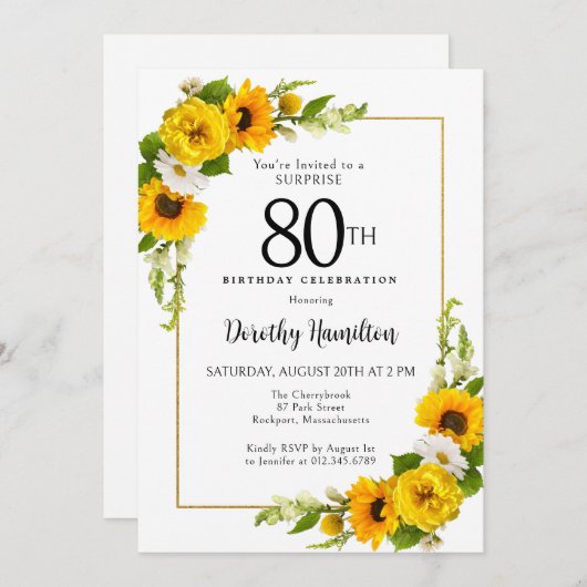Invitation Sunflower White Daisy 80e anniversaire Surprise (Devant / Derrière)