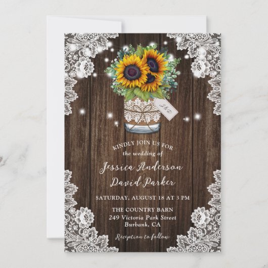 Invitation Sunflower Wood Mason Jar Floral Lace Mariage (Devant)