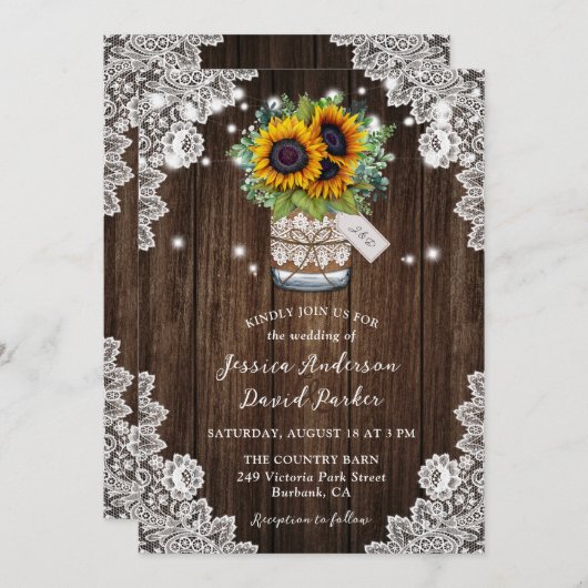 Invitation Sunflower Wood Mason Jar Floral Lace Mariage (Devant / Derrière)