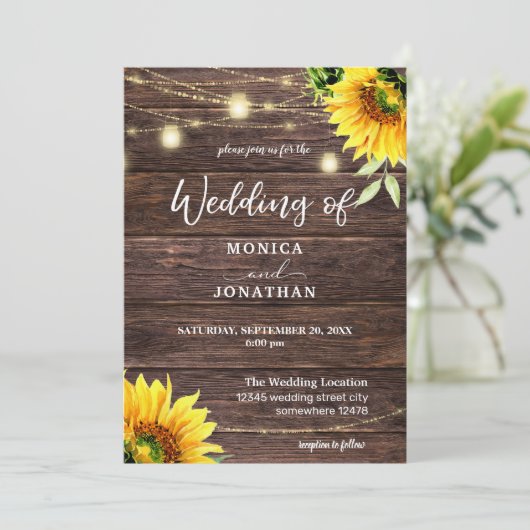 Invitation Sunflower Wood & Mason Jar String Mariage (Debout devant)