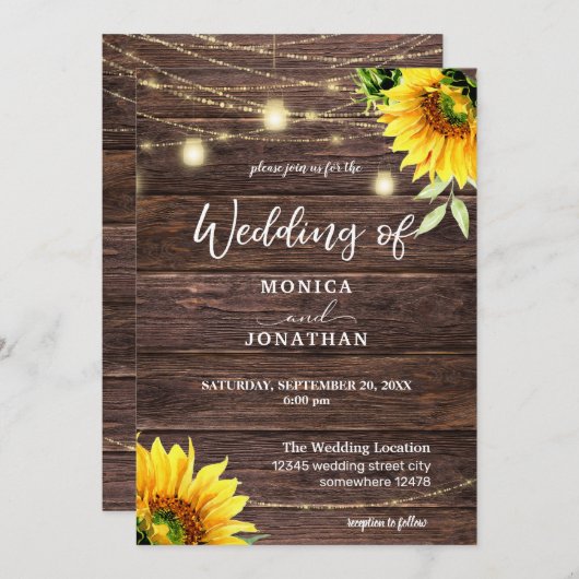 Invitation Sunflower Wood & Mason Jar String Mariage (Devant / Derrière)