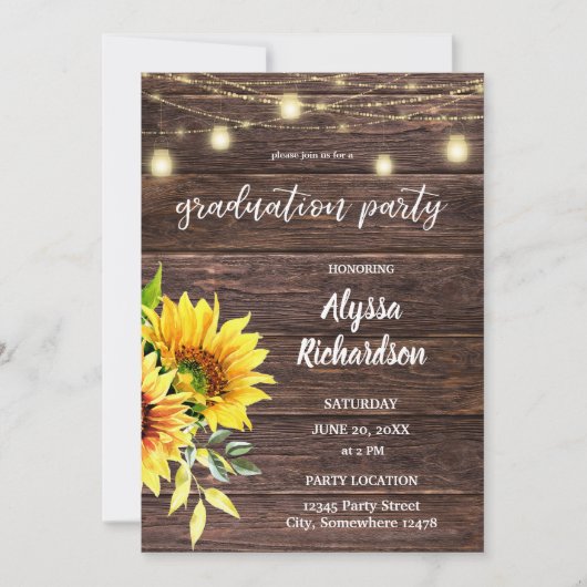 Invitation Sunflower Wood & String Lights Graduation Party (Devant)