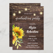 Invitation Sunflower Wood & String Lights Graduation Party (Devant / Derrière)