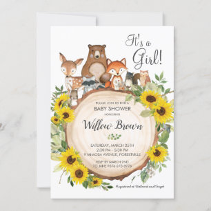 Invitation Sunflower Woodland Animaux Baby shower Girl