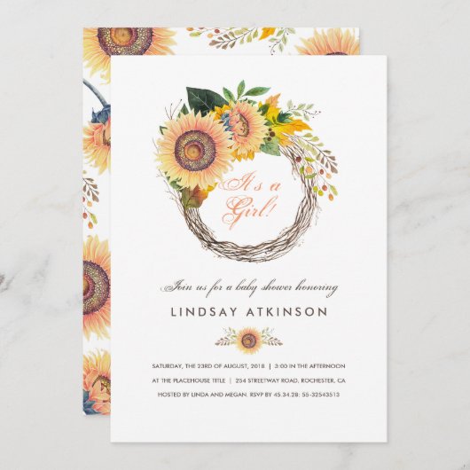 Invitation Sunflower Wreath Rustic Fall Baby shower (Devant / Derrière)