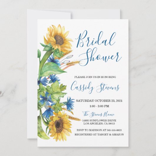 Invitation Sunflower Yellow Blue Floral Fall Bridal Shower (Devant)
