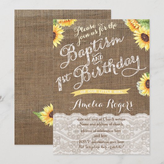 Invitation Sunflowers 1er Anniversaire Baptême pour petite fi (Devant / Derrière)