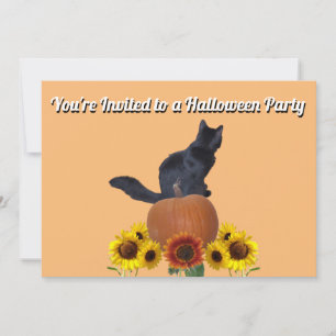 Invitation Sunflowers Black Cat Pumpkins Halloween Orange