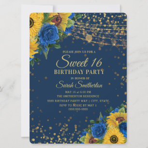 Invitation Sunflowers Bleu Rose Parties scintillant or Sweet 