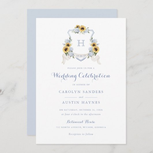 Invitation Sunflowers Blue Hydrangea Crest Monogramme Mariage (Devant / Derrière)