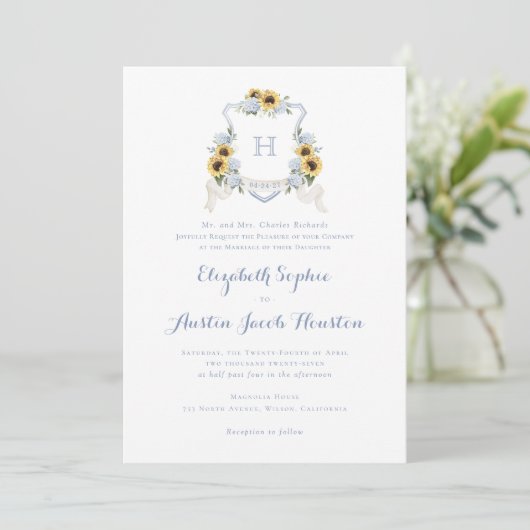 Invitation Sunflowers Blue Hydrangea Crest Monogramme Mariage (Debout devant)