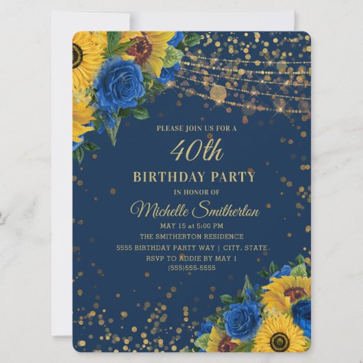 Invitation Sunflowers Blue Rose Gold Parties scintillant 40e  (Devant)