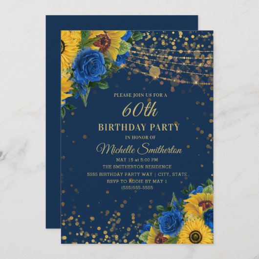 Invitation Sunflowers Blue Rose Gold Parties scintillant 60e (Devant / Derrière)
