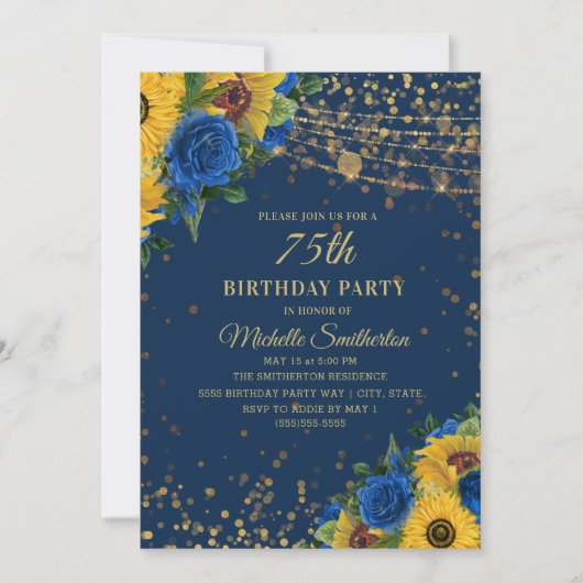 Invitation Sunflowers Blue Rose Gold Parties scintillant 75e (Devant)