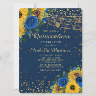 Invitation Sunflowers Blue Rose Gold Parties scintillant Quin
