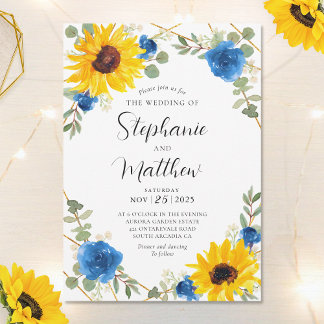 Invitation Sunflowers Blue Rose Mariage botanique géométrique