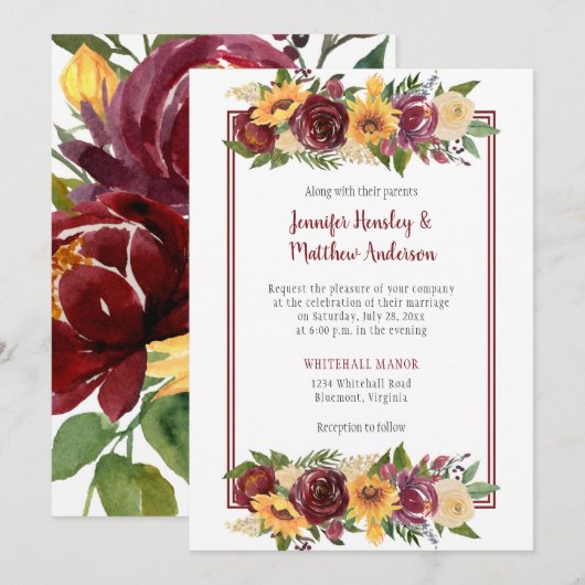 Invitation Sunflowers & Bourgogne Floral Drop Bourgogne Cadre (Devant / Derrière)