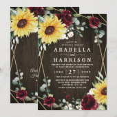 Invitation Sunflowers Bourgogne Rose Russe Mariage géométriqu (Devant / Derrière)
